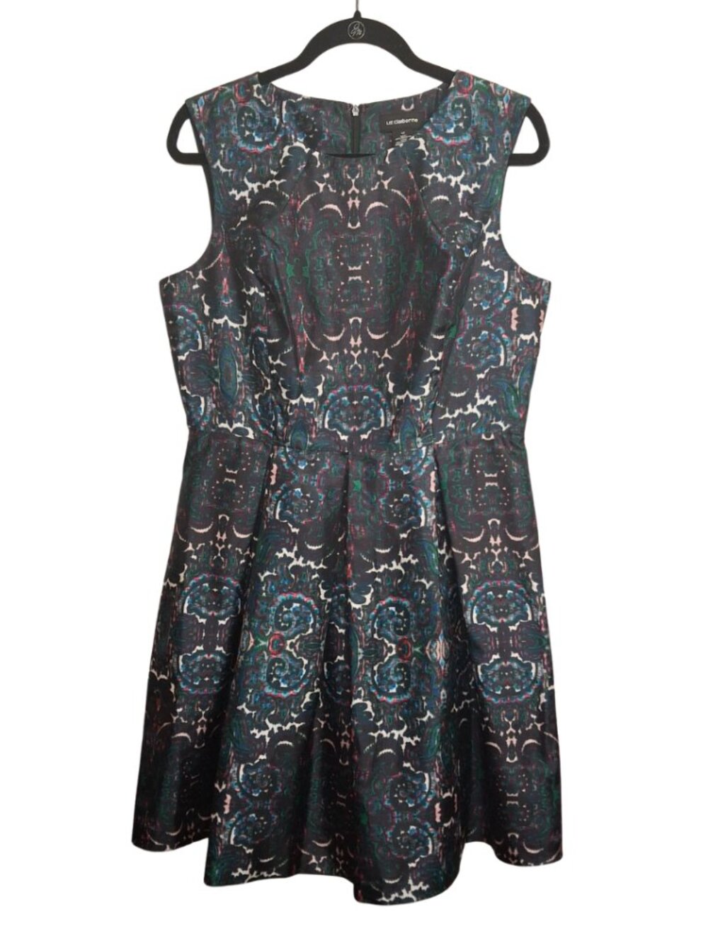 LIZ CLAIBORNE Black Paisley Dress Print Fit & Flare Multi Color 12 Large